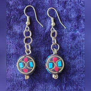 Vintage 925 Sterling Silver Drop Earrings With Turquoise And Coral